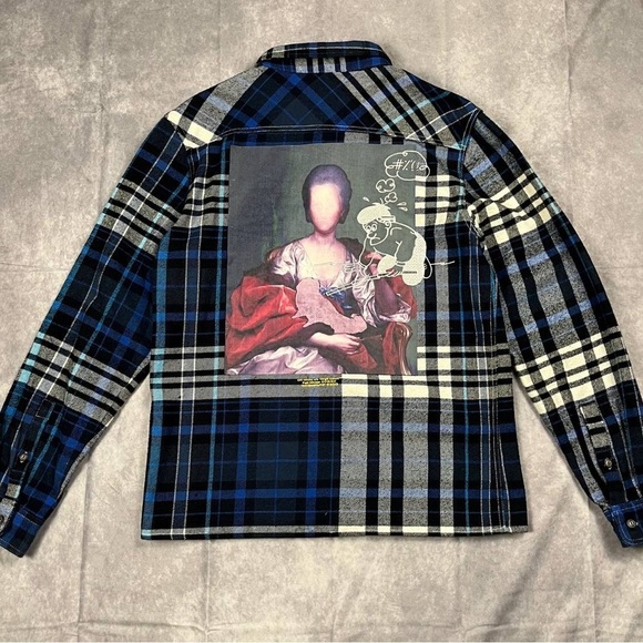 OFF WHITE INCOMPIUTO MARINA DE SILVA BLUE FLANNEL SHIRT M SIZE - Picture 2 of 6